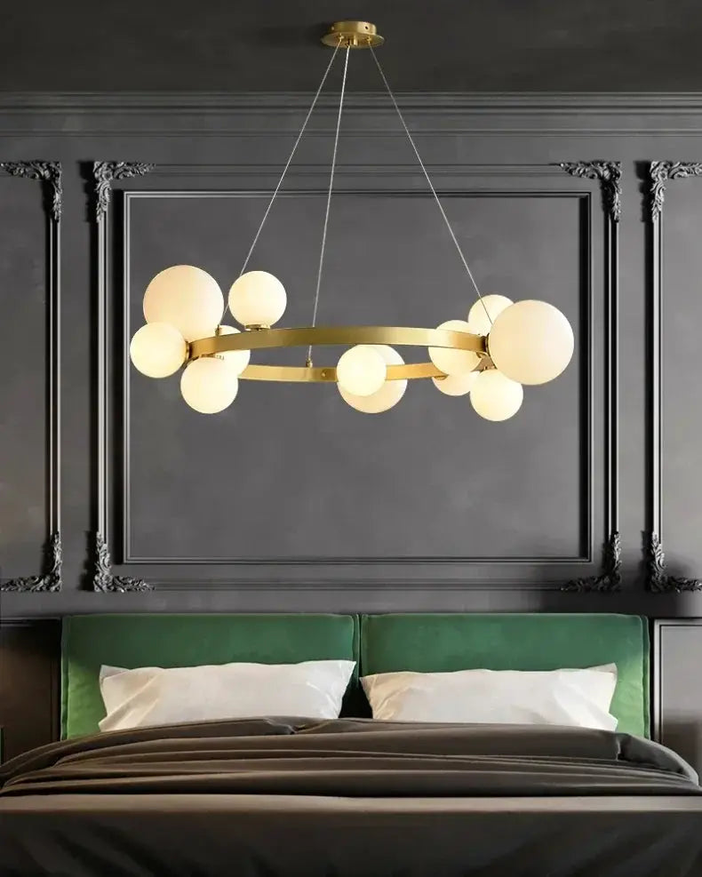 Simple chandeliers indoor hanging lamp, gold finish with frosted glass globes