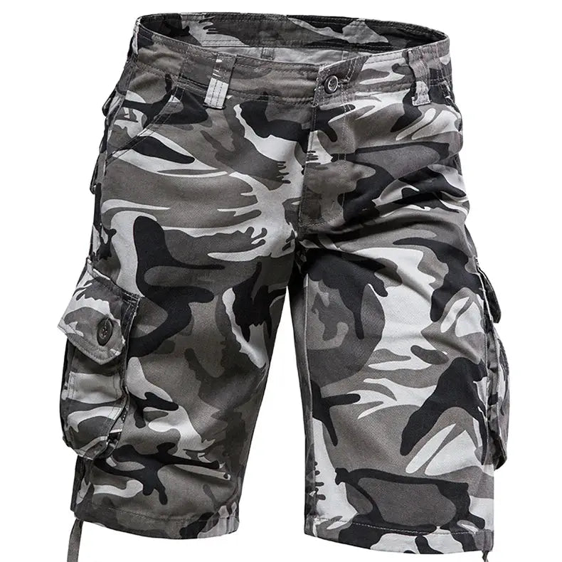 Men's camouflage cargo shorts in grey/black camo; cotton fabric with side cargo pockets