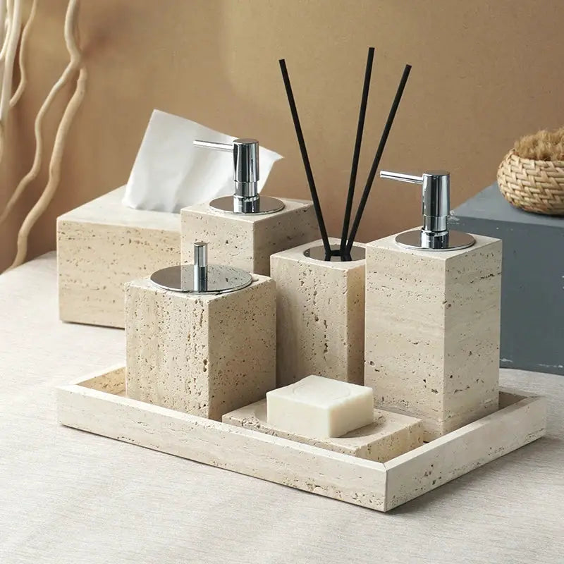 4-piece beige travertine bathroom accessories set with soap dispenser, soap dish, reed diffuser and vanity tray