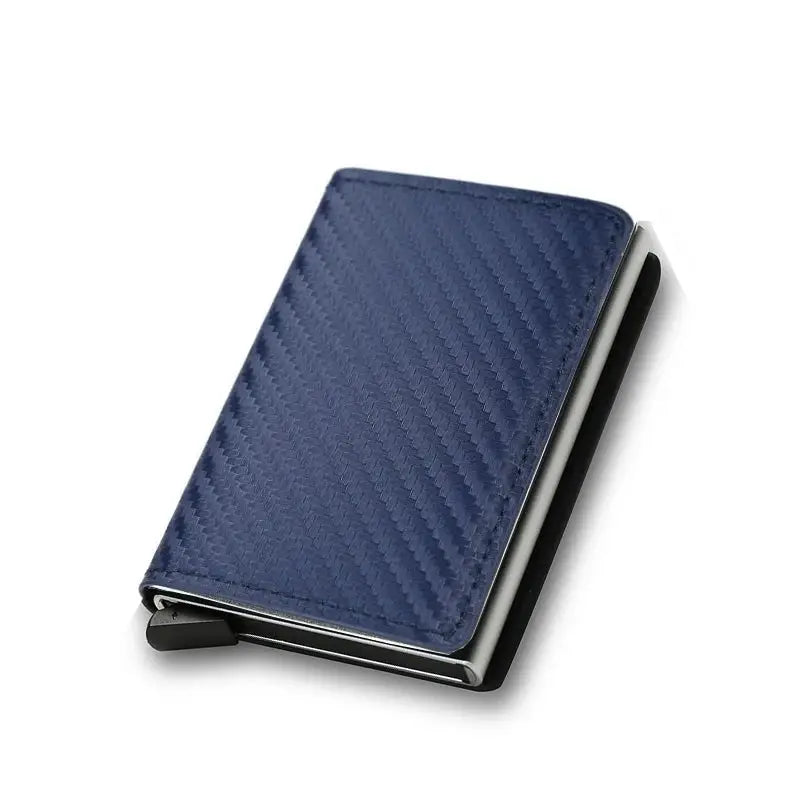 Blue carbon fiber RFID-blocking card wallet with mini automatic pop-up card holder