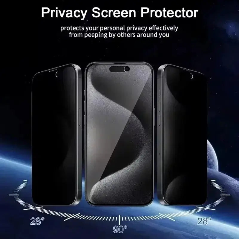 Simples Market full-cover privacy screen protector for iPhone, anti-spy glass, three black iPhones on display.