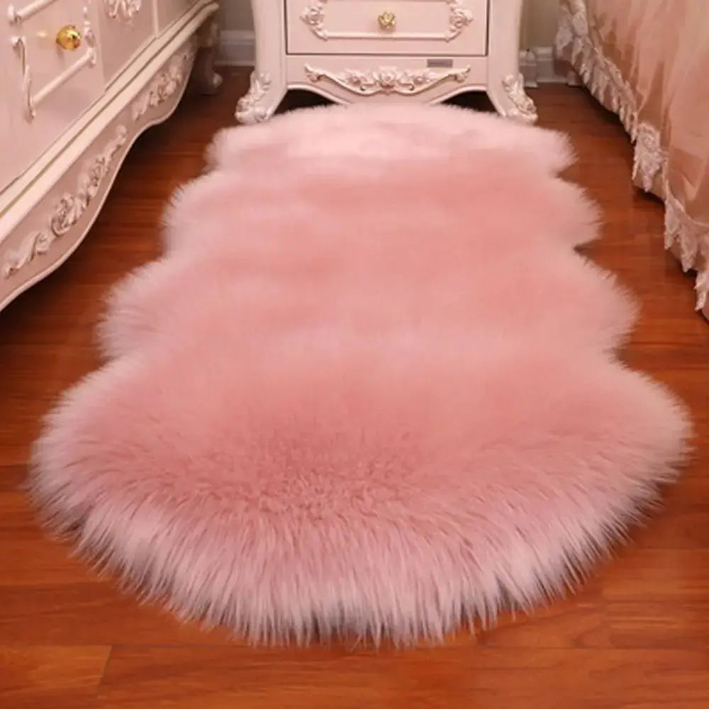 Pink artificial sheepskin long-hair rug by Simples Market, fluffy faux fur shaggy floor mat.