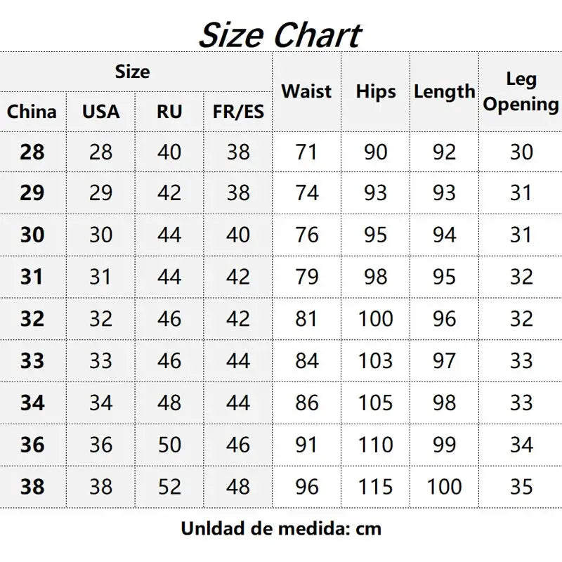 HIQOR men's pants size chart from Simples Market showing waist, hips, length and leg opening