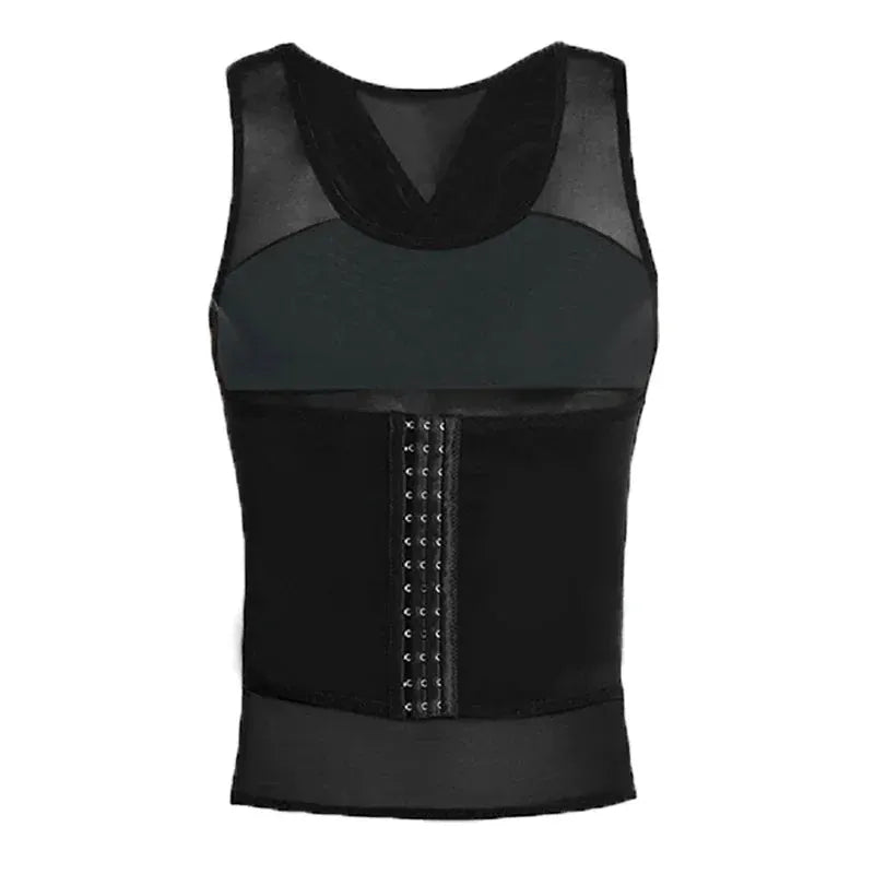 Men's body shaper waist trainer vest in black with front hook closure and mesh chest panels