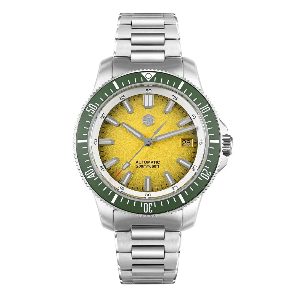 San Martin 40mm dive watch with yellow dial, green bezel and stainless steel bracelet; automatic, 200m water resistant