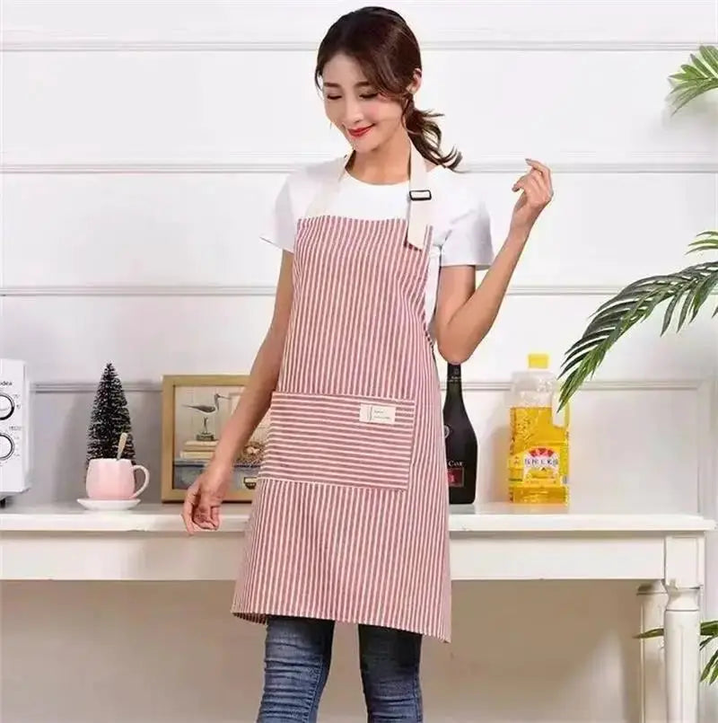 Simples Market cotto linen striped apron with thin cotton waistband in pink and white, stain/oil resistant kitchen apron