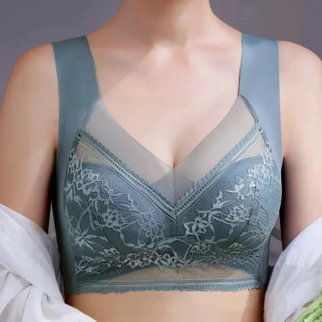 Plus-size lace bra for women, teal blue with padded cups and floral mesh lace