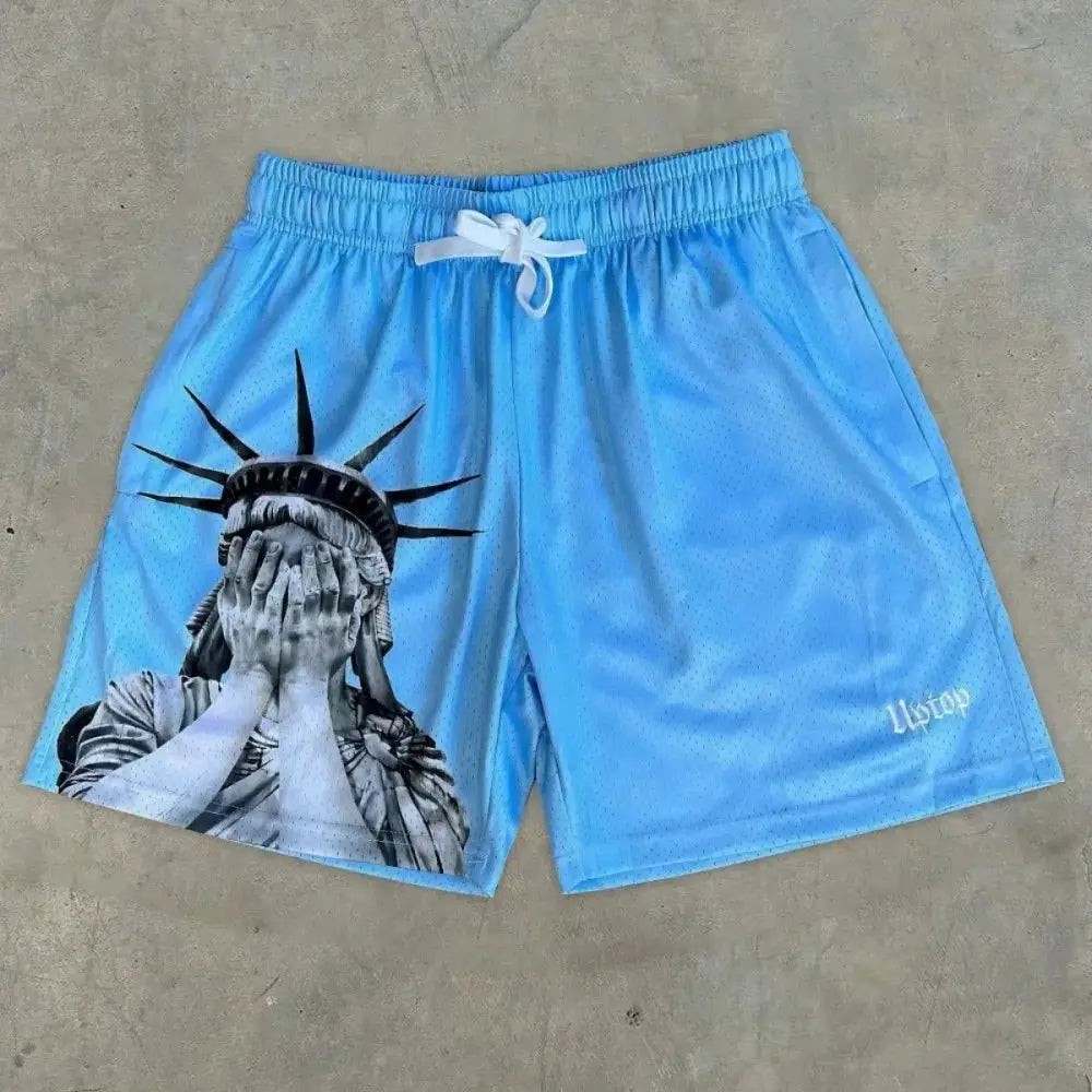 Simples Market men's light-blue Statue of Liberty print drawstring shorts, breathable casual outdoor wear