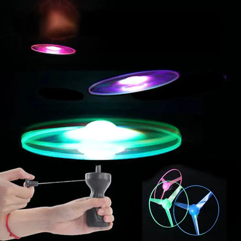 Kids Sports Pull Line Saucer Flying Toy With LED Lights For Outdoor Park And Beach Fun Rotating Disc
