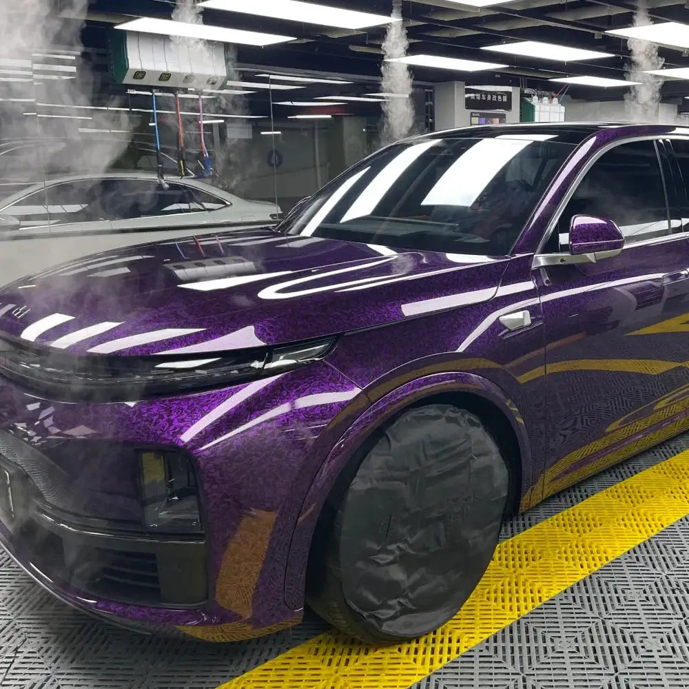 Car body vinyl wrap with a glossy purple carbon-fiber finish; self-adhesive decal film
