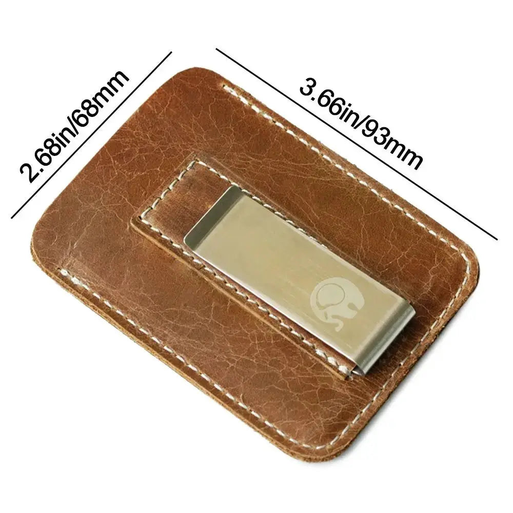 Men's brown leather money clip wallet with front metal cash clip, slim design