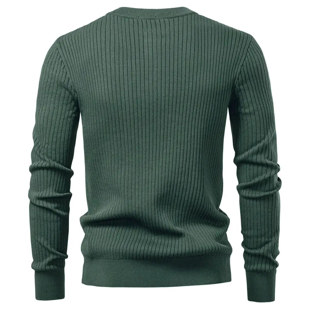 Men's green ribbed knit sweater with long sleeves and crew neck