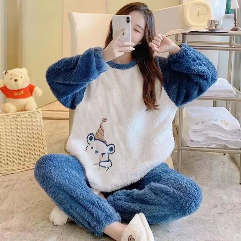 CozyNest Thickened Flannel Women Sleepwear Set Padded Bear Two Piece Nightwear For Autumn Winter Warm Coral Velvet