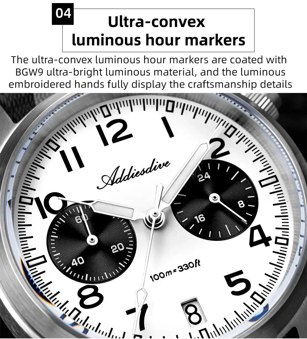 Adddiesdive men's chronograph watch with white dial, black subdials, stainless steel case, luminous hands