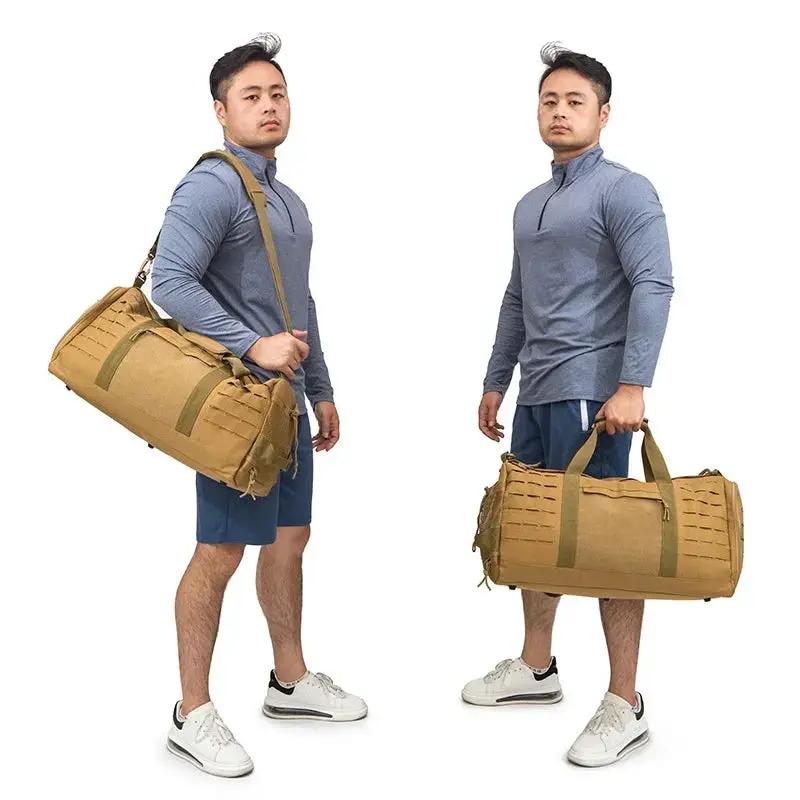 40L sport gym bag; tan tactical duffel with MOLLE straps, shoulder strap and carry handles