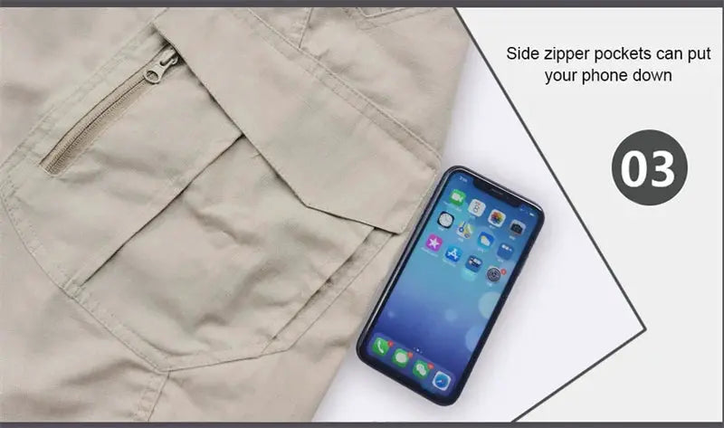 Beige men's tactical cargo pants with side zip pocket and multiple utility pockets.
