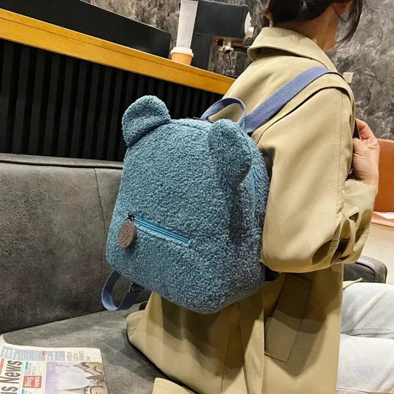 Bear-ear plush small backpack, blue fleece by Simples Market