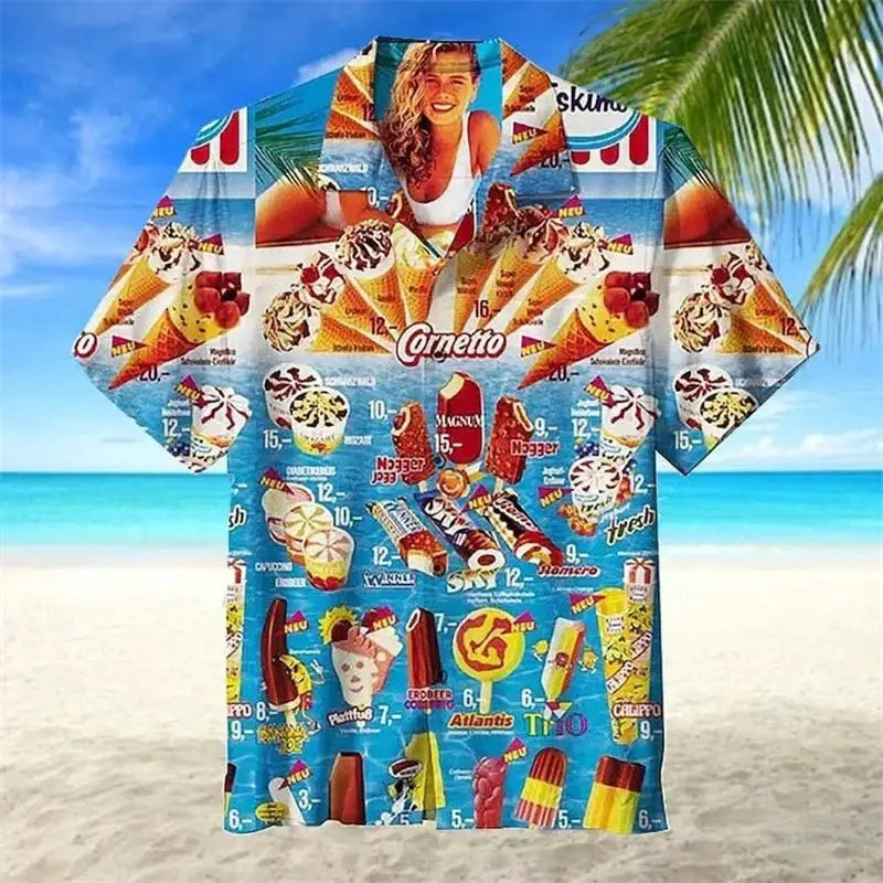 Simples Market 3D ice cream print Hawaiian shirt, blue multicolor, unisex oversized short sleeve