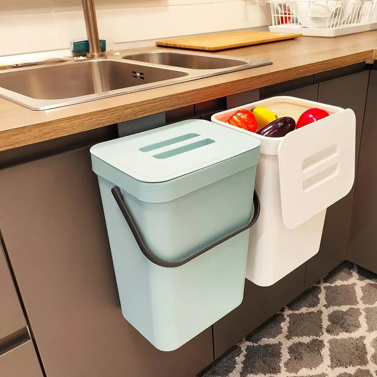 Simples Market space-saving quiet-close trash can (3/5L); two compact blue-green and white bins for kitchen/office