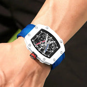 Simples Market white tonneau skeleton quartz watch with blue nylon strap