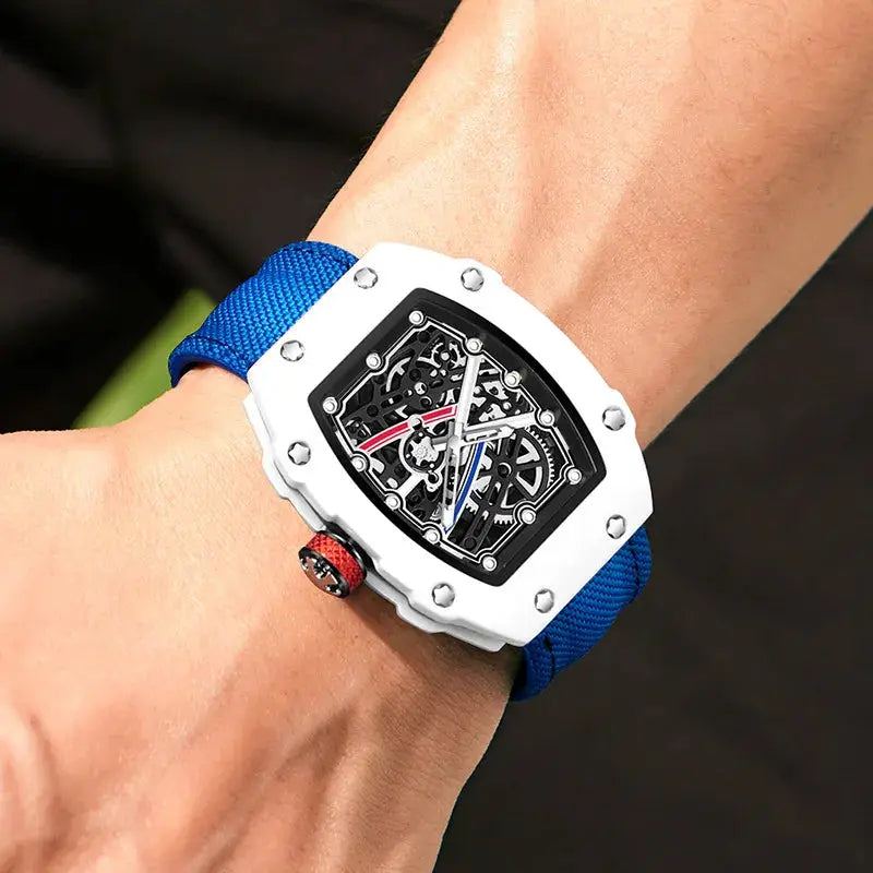 Simples Market white tonneau skeleton quartz watch with blue nylon strap