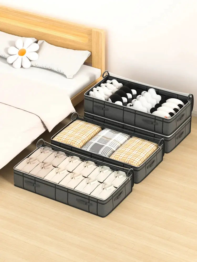 Under-bed clothes storage bags, 3-pack by Simples Market; gray foldable fabric organizers with handles