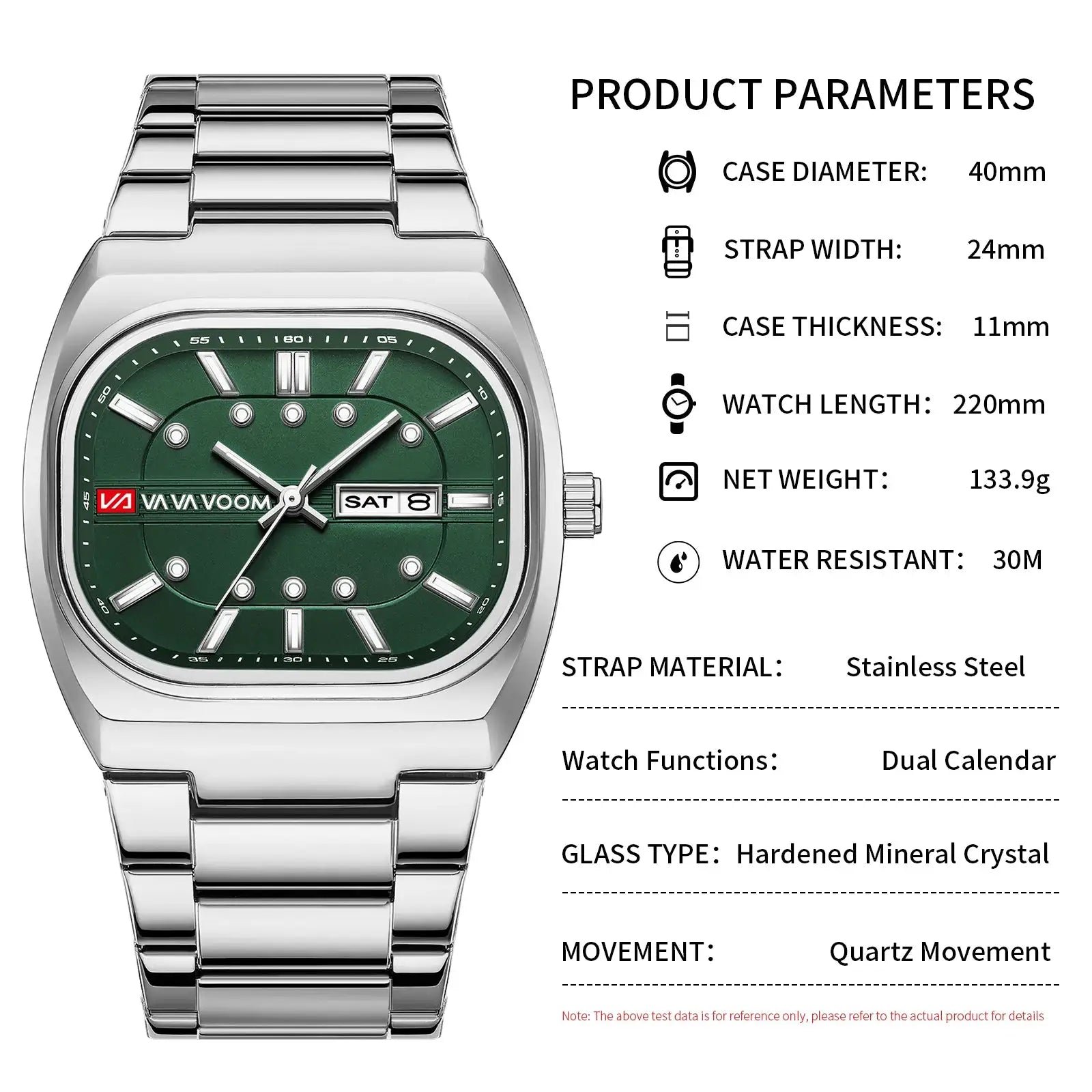 Men's stainless steel square watch with green dial, date window, and metal bracelet.