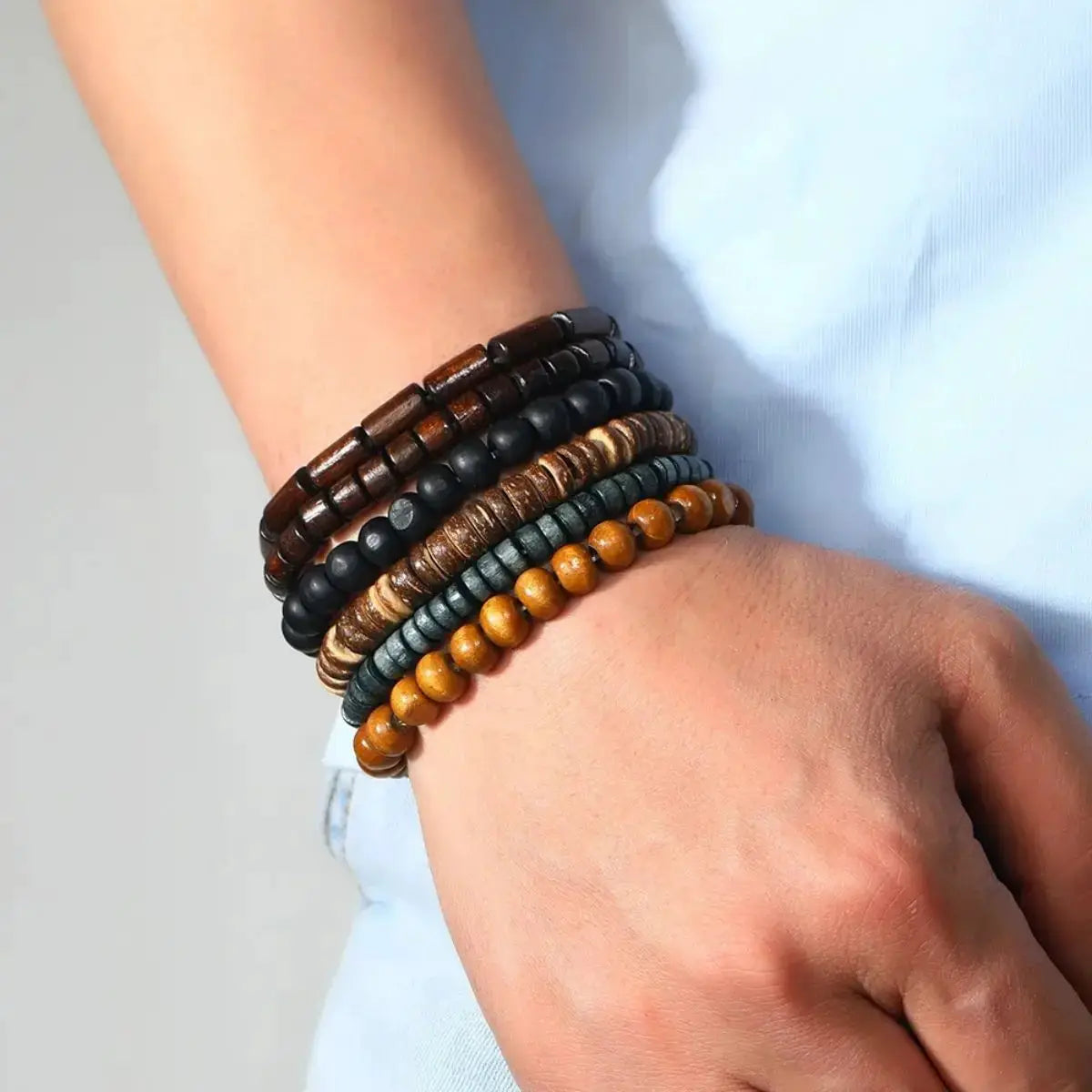 6 Pcs Wodeen Braided Wrap Leather Bracelets For Men Vintage Life Wood Beads Fashion Armband Set