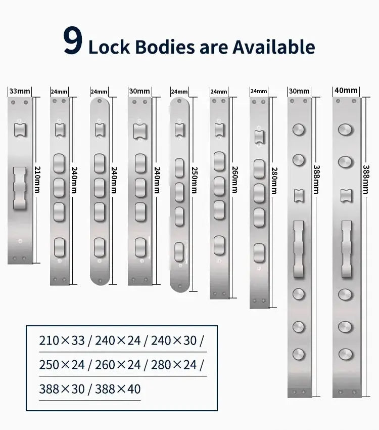 3D Face Smart Door Lock lock bodies by Simples Market, metal panels shown in 9 sizes with dimension labels.