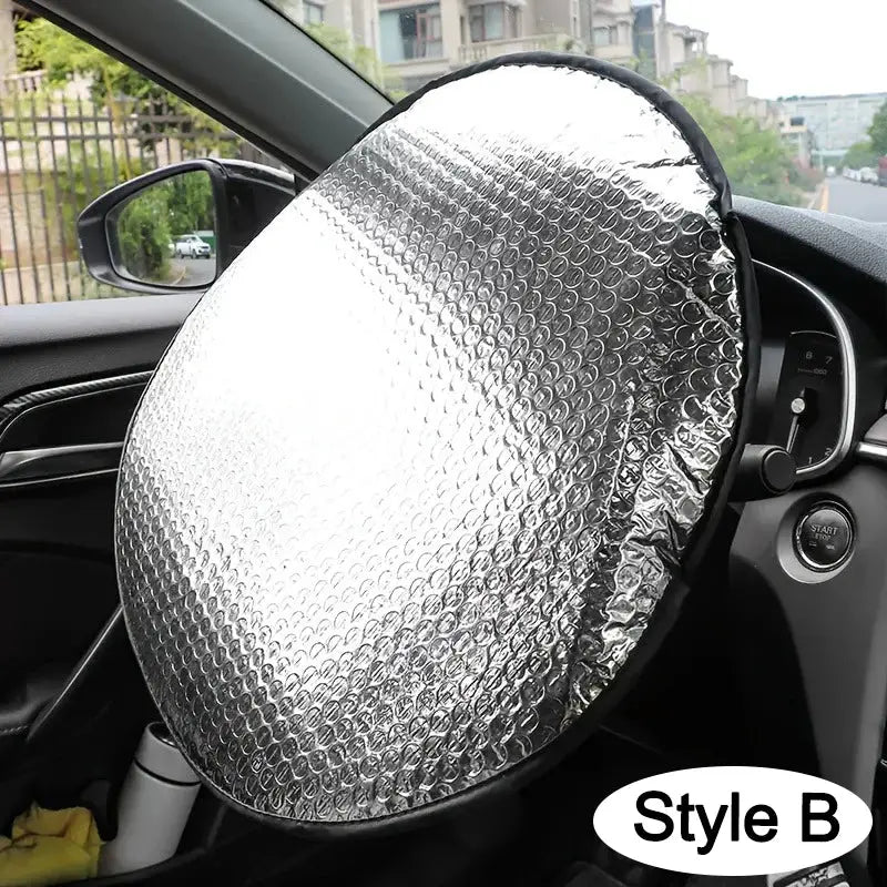 Car steering wheel sun shade, silver reflective double-thick foil, foldable anti-UV, Style B.