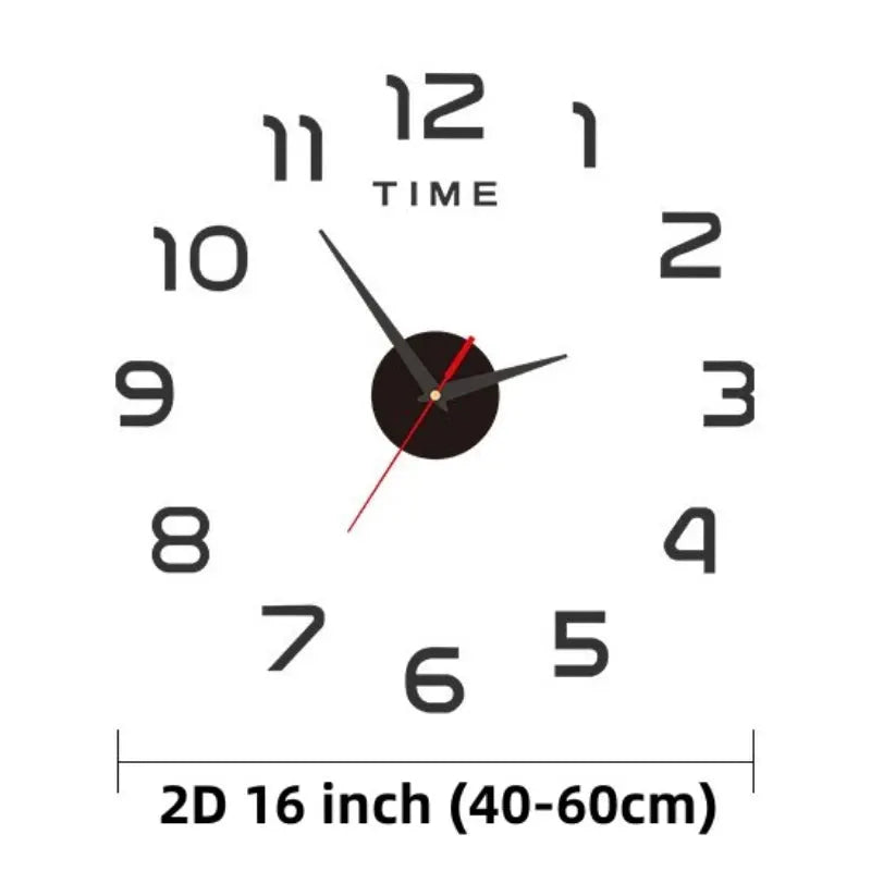 Large wall clock with black 3D numerals, central black disk and red second hand; 40–60 cm acrylic mirror sticker design