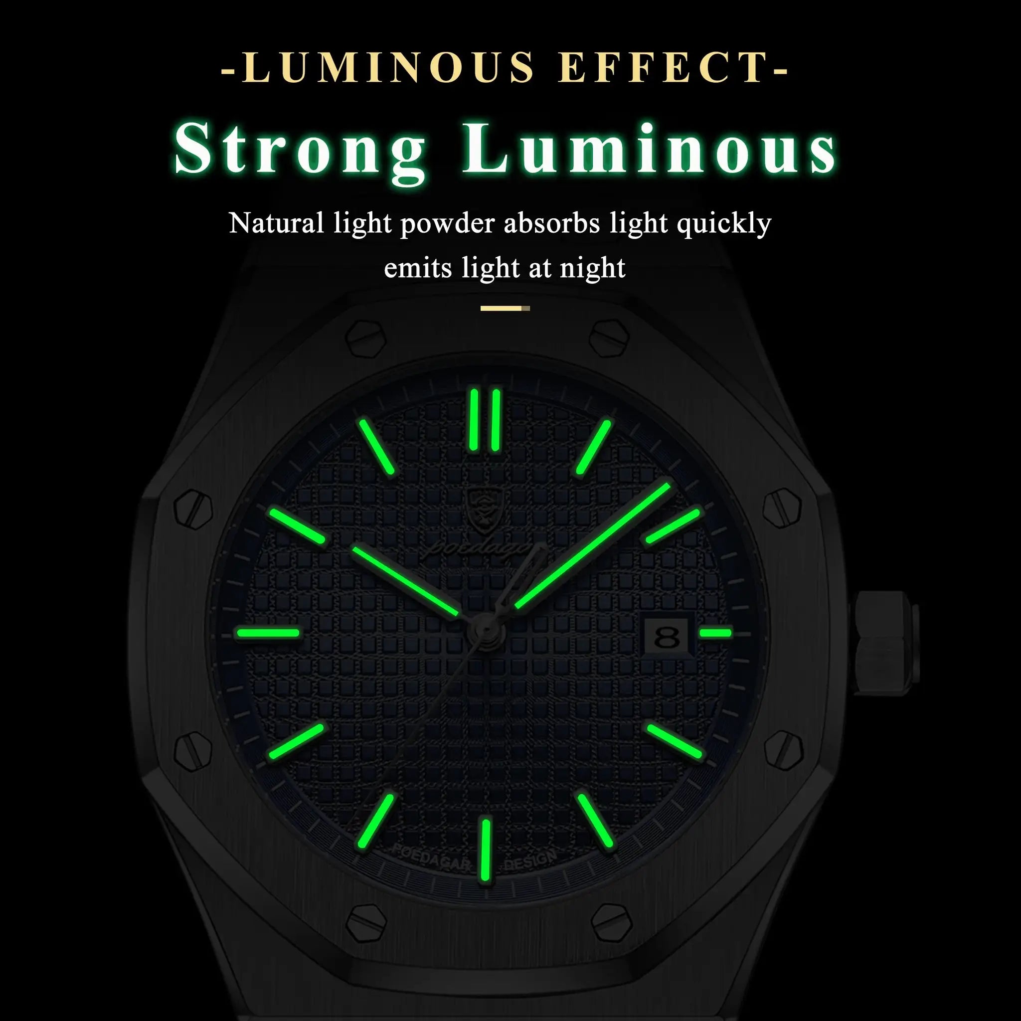 POEDAGAR men's luxury wristwatch with green luminous hands, black dial, date window, stainless steel case.