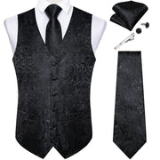 Men's black paisley jacquard waistcoat set with necktie, pocket square and cufflinks.