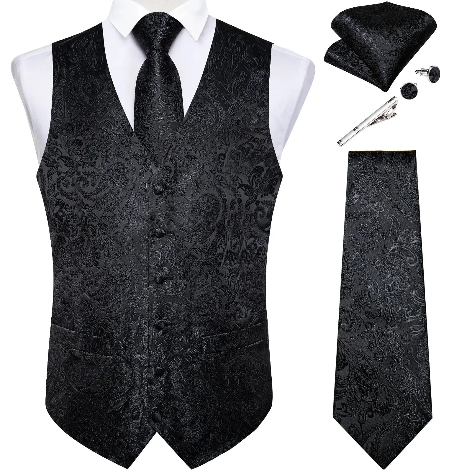 Men's black paisley jacquard waistcoat set with necktie, pocket square and cufflinks.