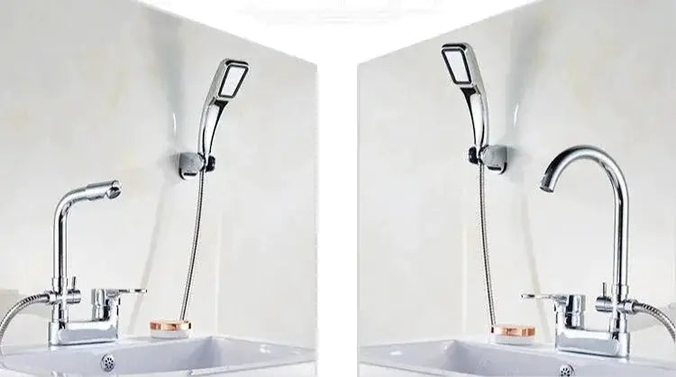 Chrome basin shower faucet with handheld sprayer, multifunctional single-handle deck-mount bathroom mixer.