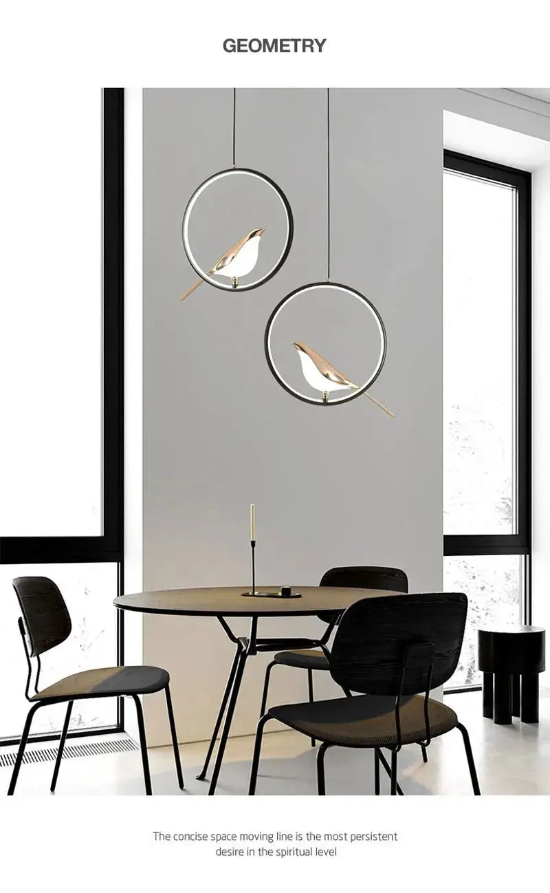 Pair of rotatable magpie bird LED pendant lights with circular gold/silver rings, Simples Market