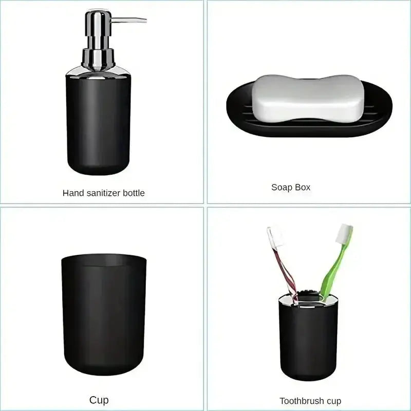 4-piece black plastic bathroom set with toothbrush holder, toothbrush cup, soap dispenser, soap dish