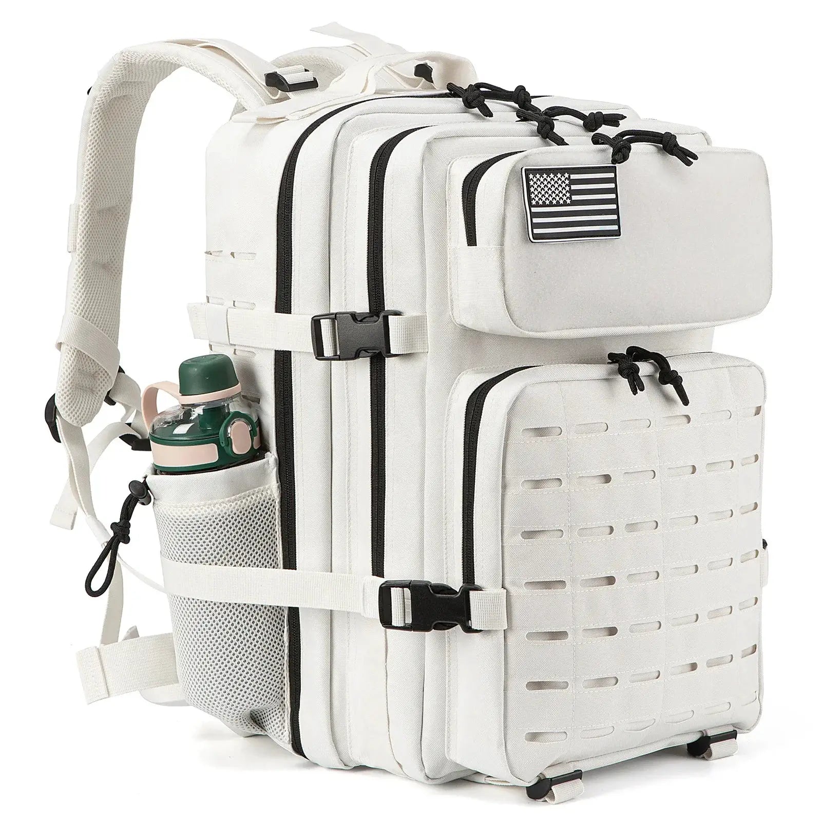 Simples Market 25L/45L unisex tactical backpack in white with water bottle pocket and MOLLE front panel.