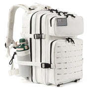 Simples Market 25L/45L unisex tactical backpack in white with water bottle pocket and MOLLE front panel.