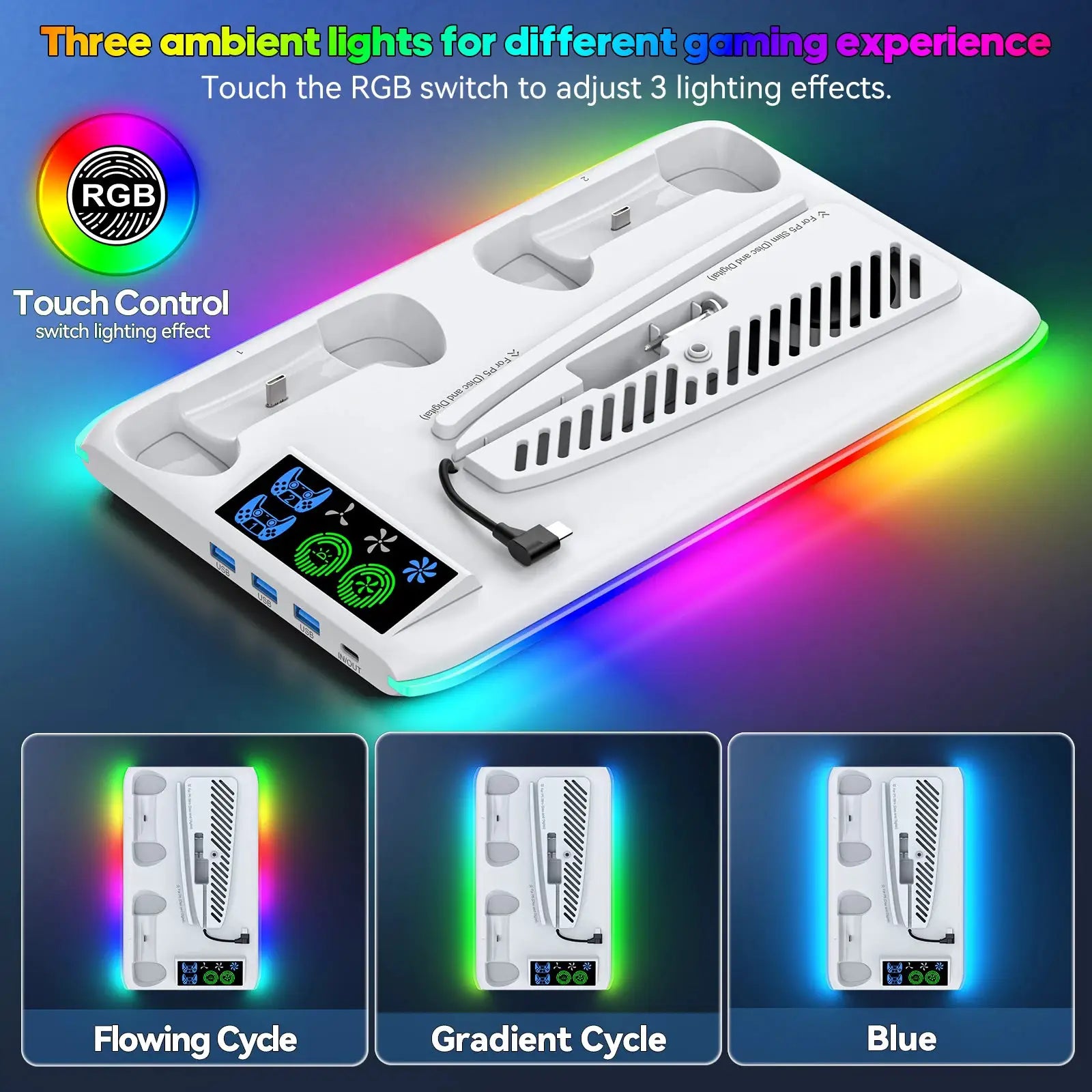PS5 Cooling Stand With Controller Charger And RGB LED Base For PS5 PS5 Slim PS5 Pro Gaming Accessories