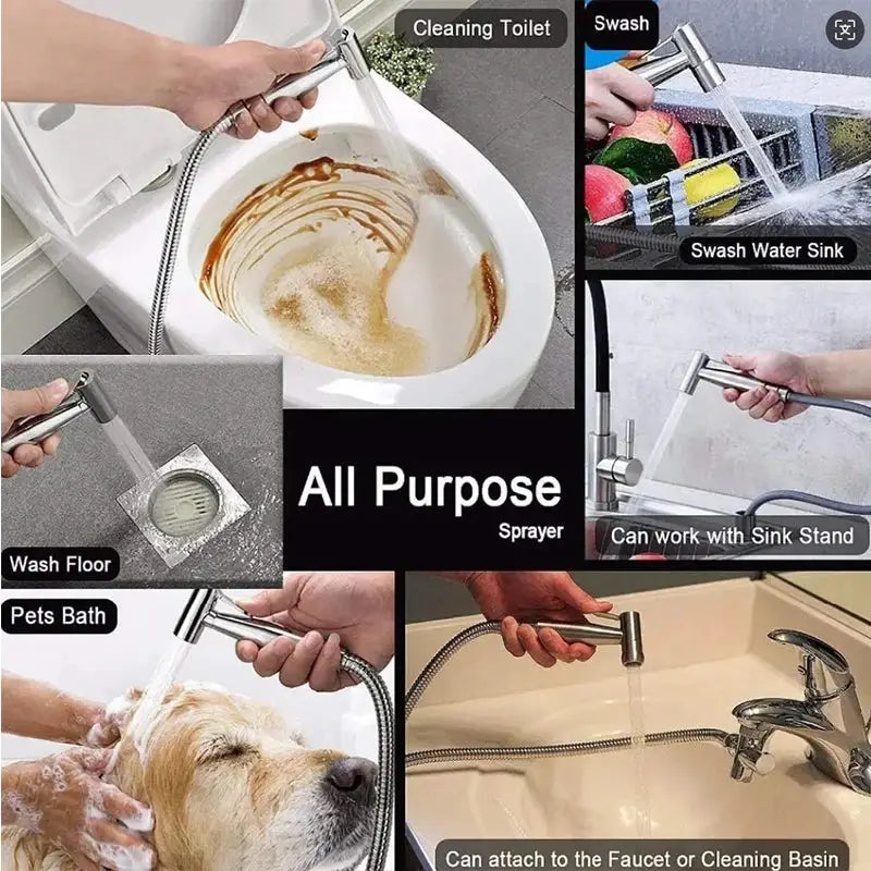 Handheld bidet sprayer with stainless steel hose for toilet, sink, floor wash, and pet bath