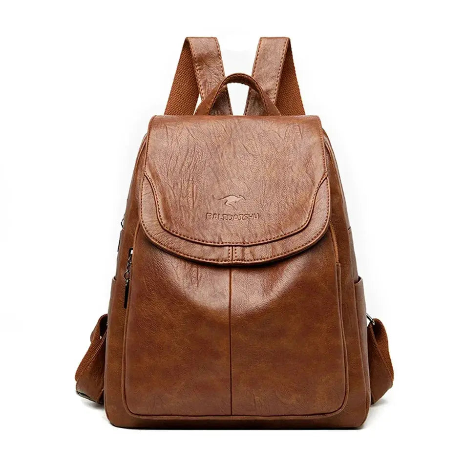 Brown leather backpack for women with front flap and top handle