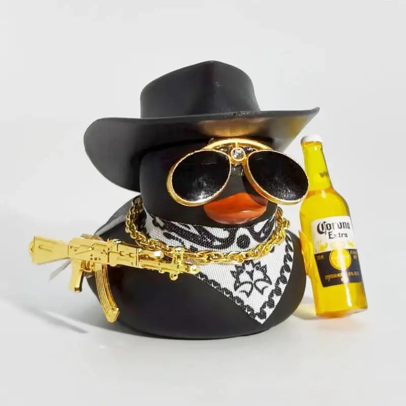 Cowboy rubber duck car ornament with gold gun, chain, sunglasses, hat, and Corona bottle; 2-item set for Jeep dash
