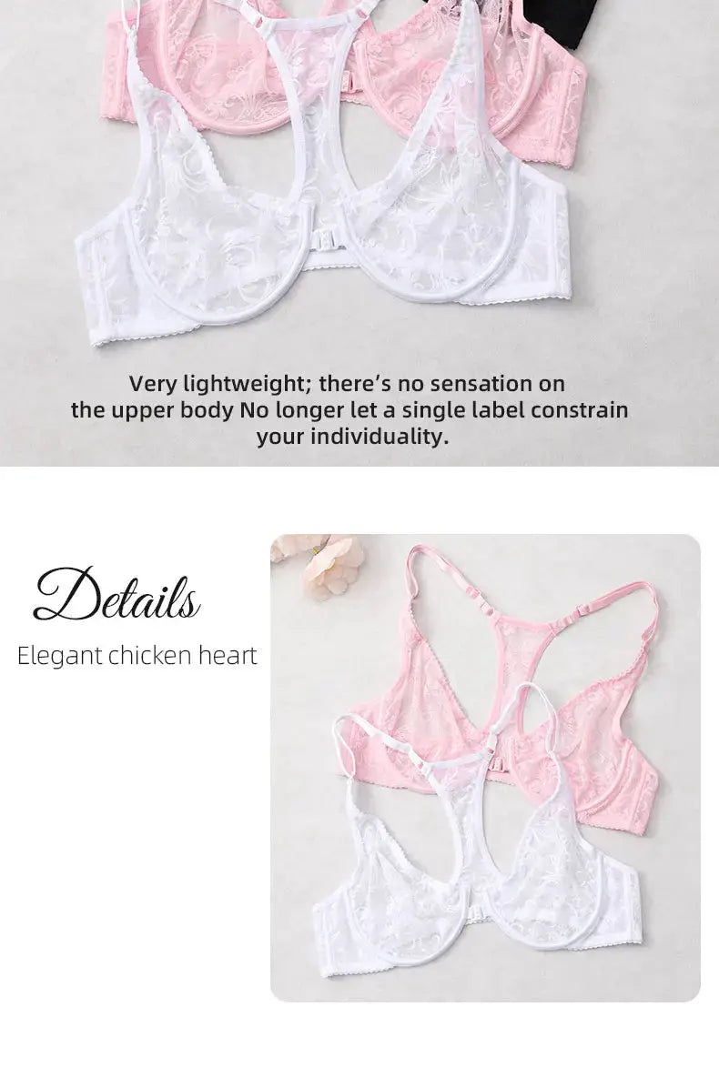Simples Market lace front-button bra set in white and pink with floral sheer cups and underwire