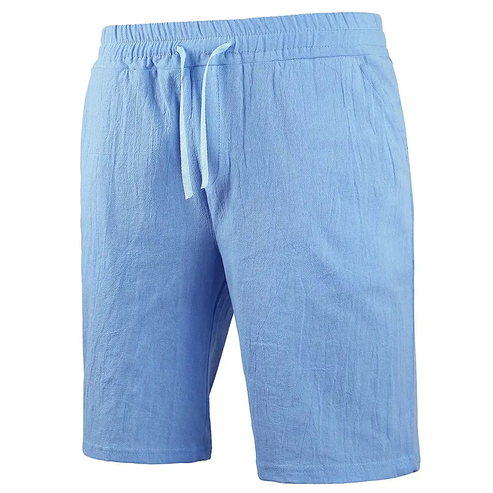 Men's light blue cotton-linen shorts with drawstring waist