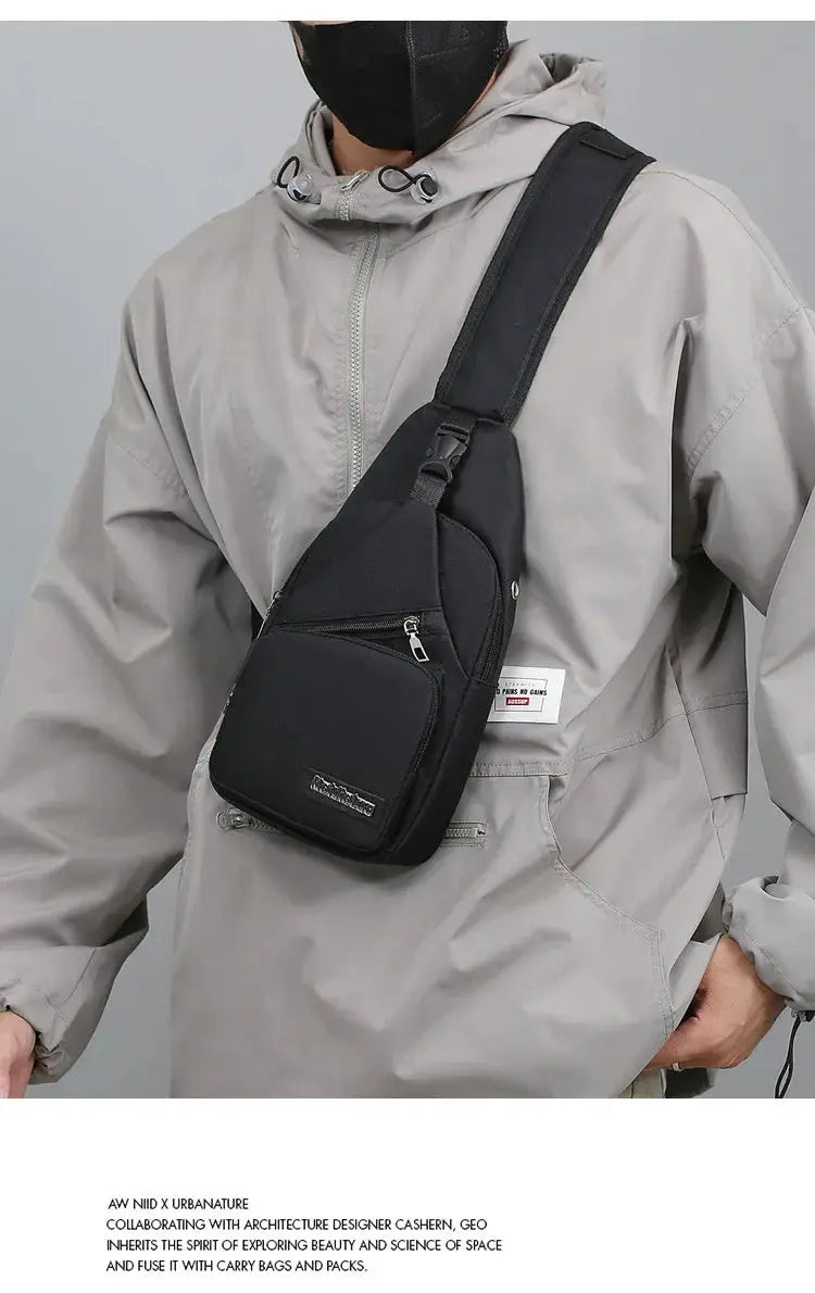 Men's chest bag by Simples Market, black canvas crossbody with multiple zip pockets.
