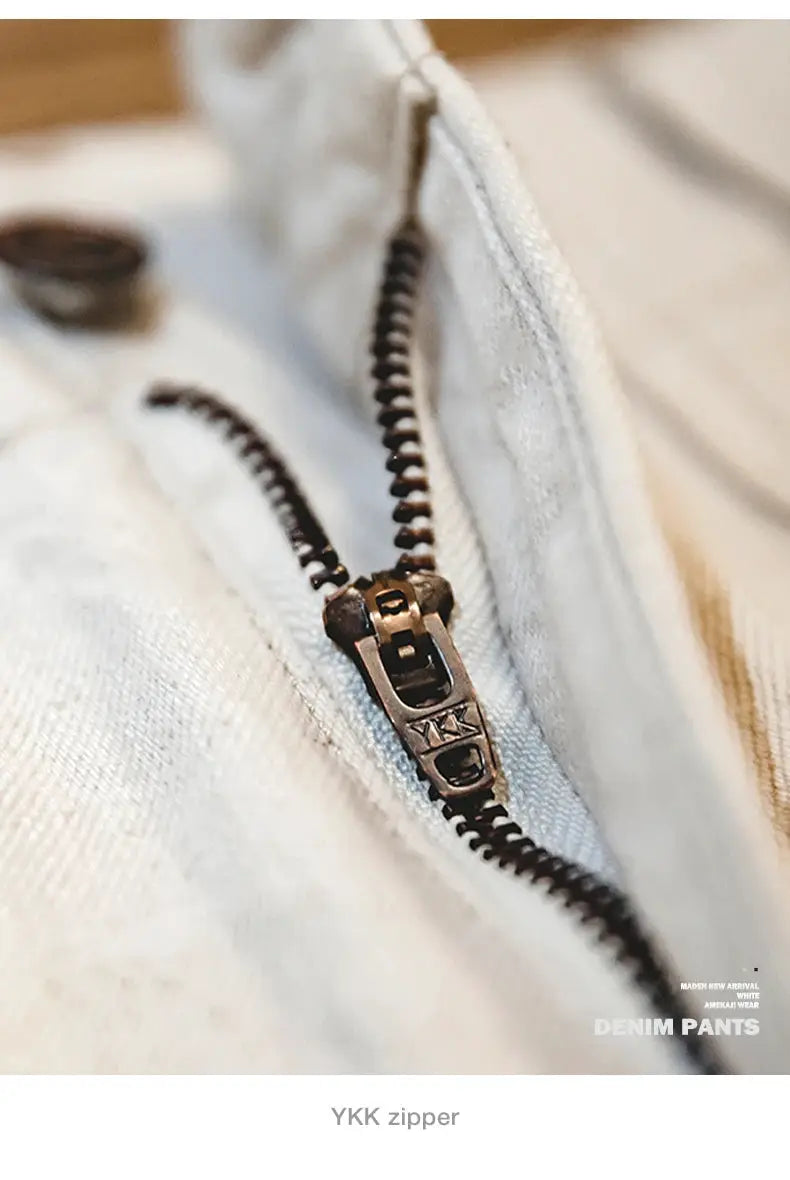 Maden Vintage white denim jeans with YKK zipper closeup