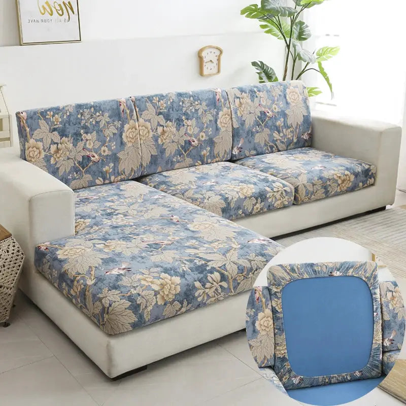 Floral printed stretch sofa slipcover set for L-shaped couch, blue floral cushions; Simples Market