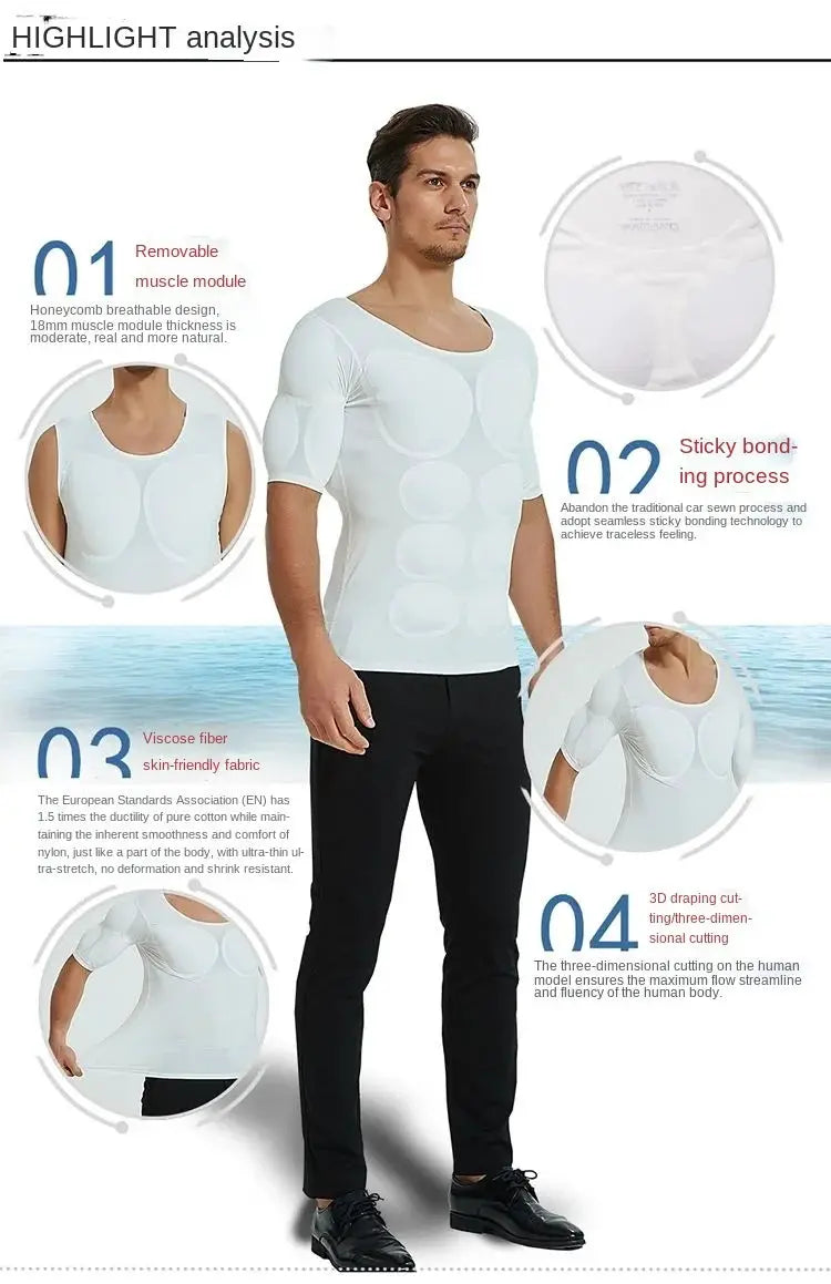Men's body shaper undershirt with removable muscle pads, white fabric, Simples Market compression top