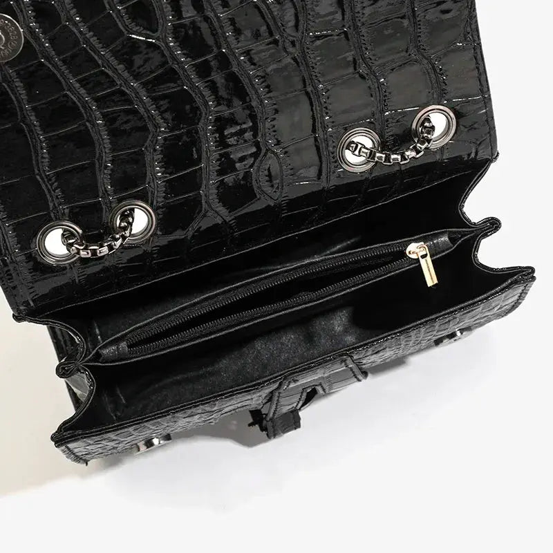 Simples Market women's black crocodile-embossed handbag with metal chain straps and inner zip pocket